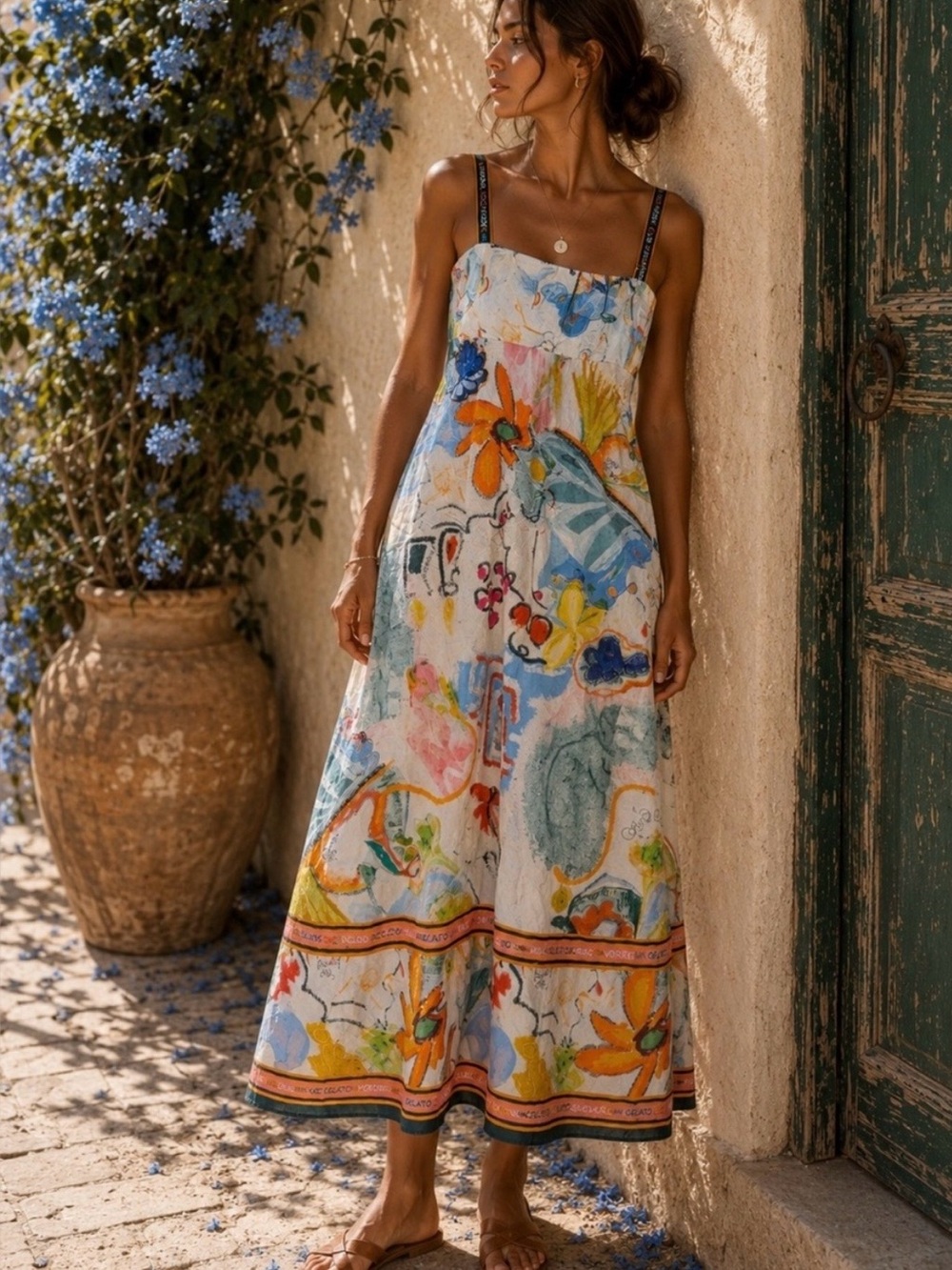 Caroline Constas "Gelato" Cotton Euro Vacation Mediterranean Midi Dress Size L